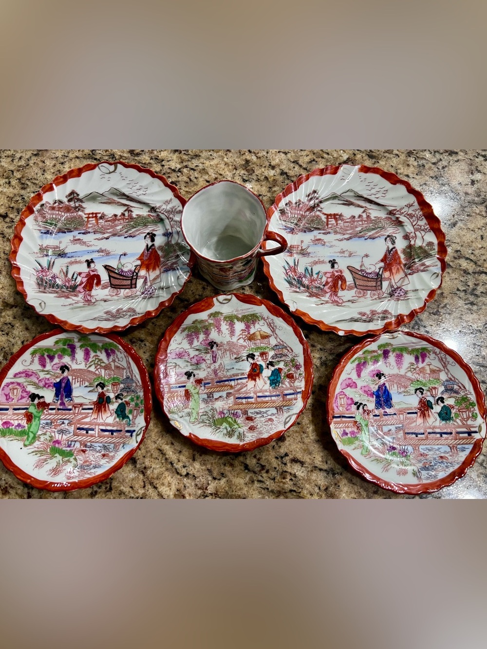 Beautiful Antique 1920s Japanese Kutani Geisha Girl Porcelain 6-Piece Set